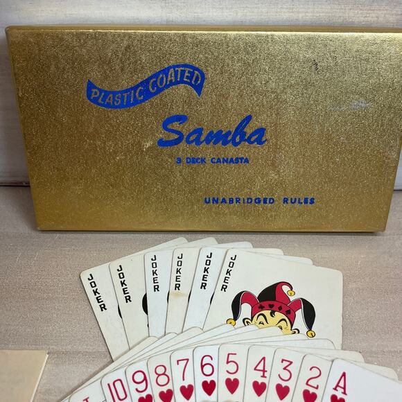 Samba Coated Playing Cards Three Deck Canasta Set Gold Box of Calif Plastic - Picture 6 of 10